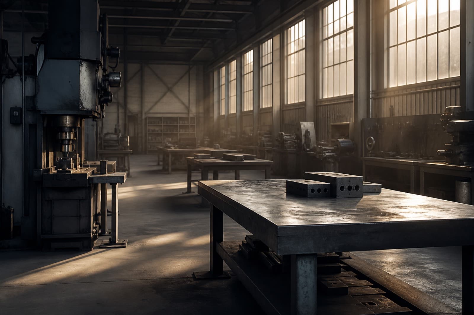 Empty workshop with steel tables in morning light